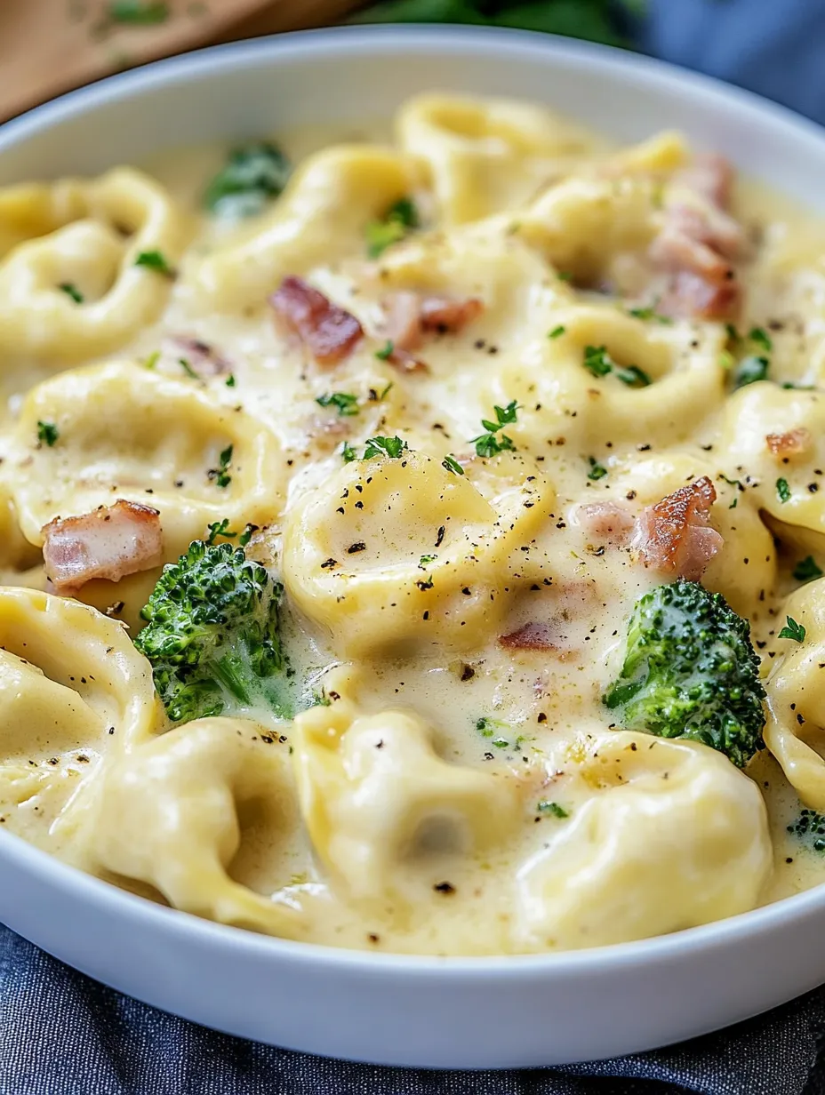 Ein weißer Teller mit Tortellini in einer Sahnesoße.