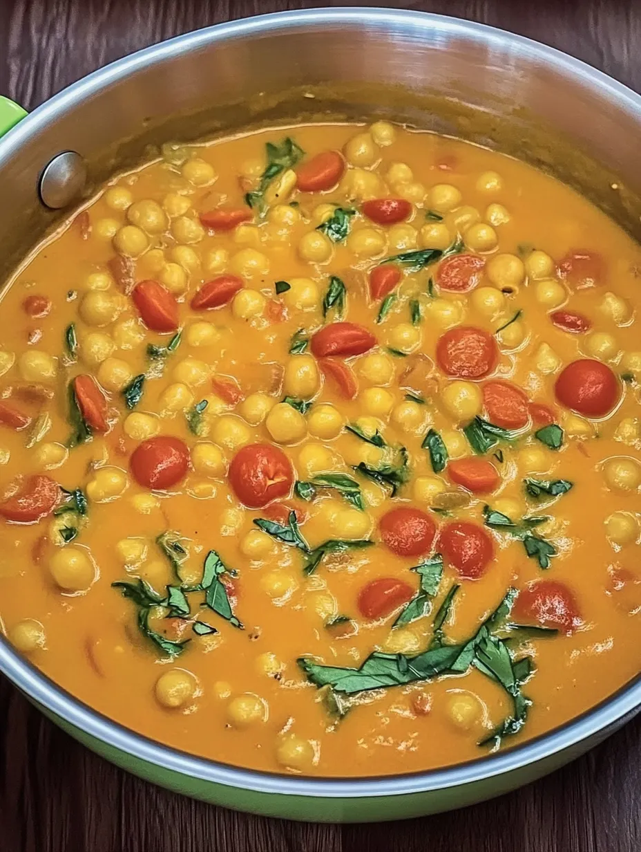 Ein Kichererbsencurry mit vielen Kichererbsen, Tomaten, Zwiebeln und Spinat.