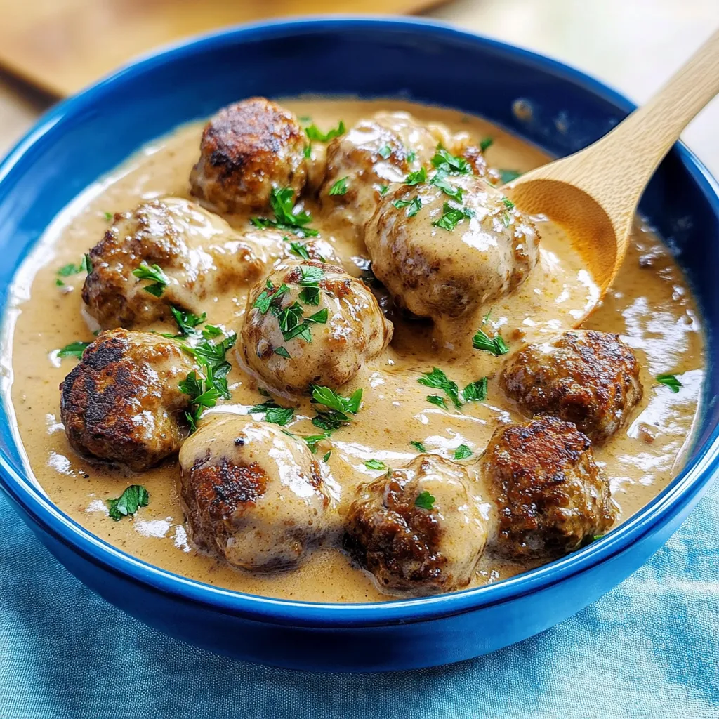 Ein Schüssel mit Koottbullar, die in einer Sauce liegen.
