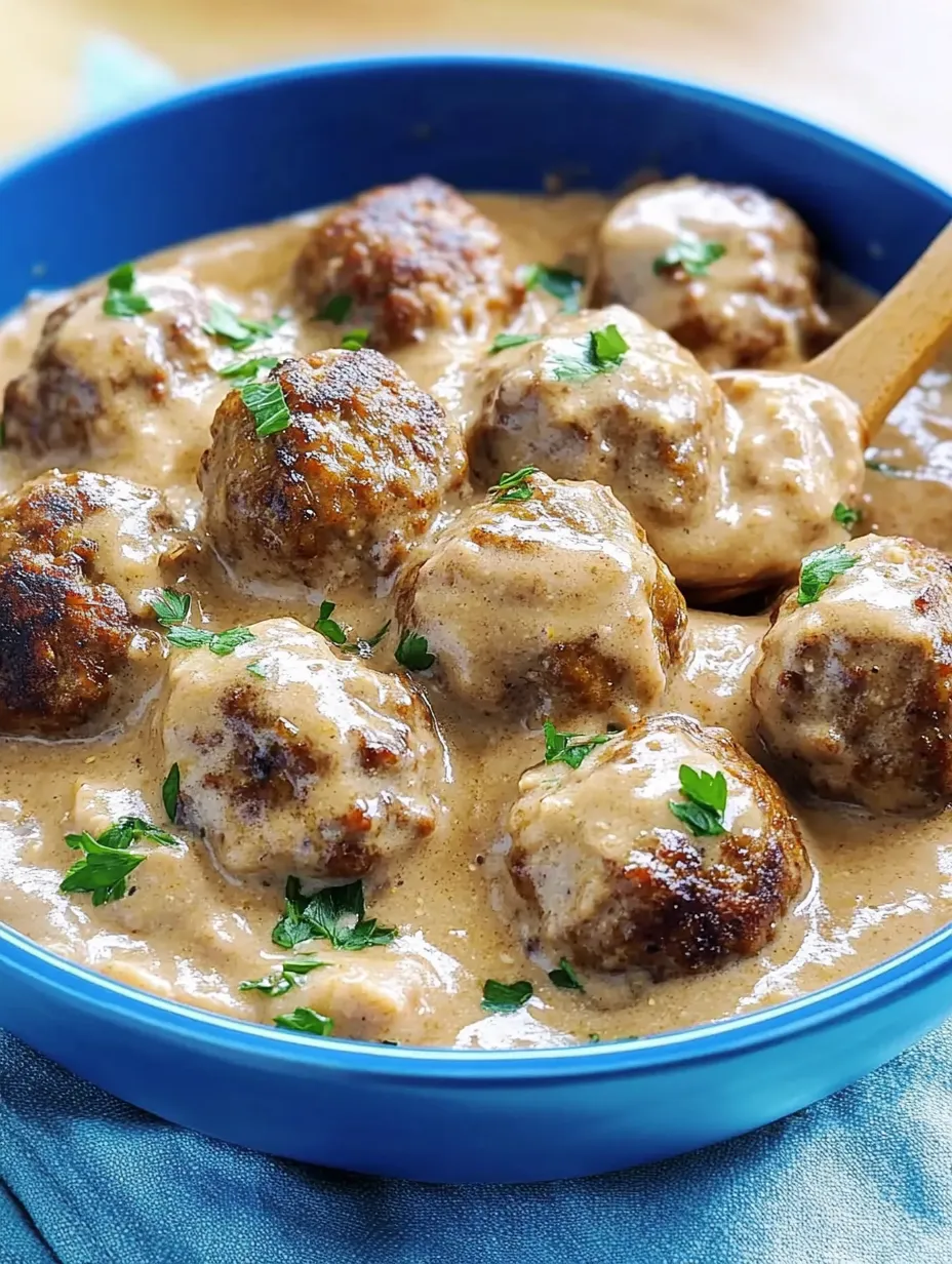Ein Schüssel mit köttbullar, die in einer cremigen Sauce serviert werden.
