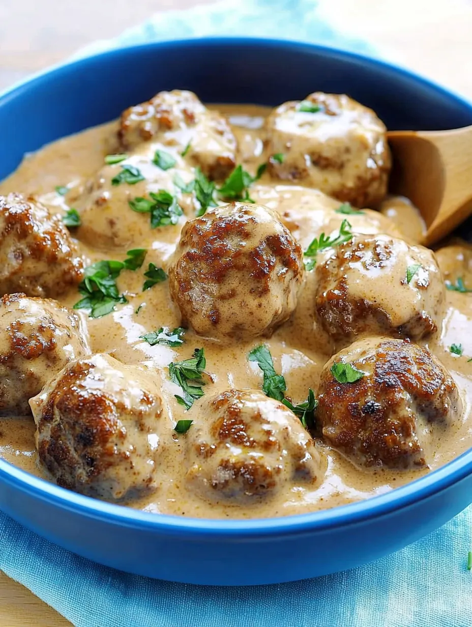 Ein Schüssel mit köttbullar in einer cremigen Sauce.