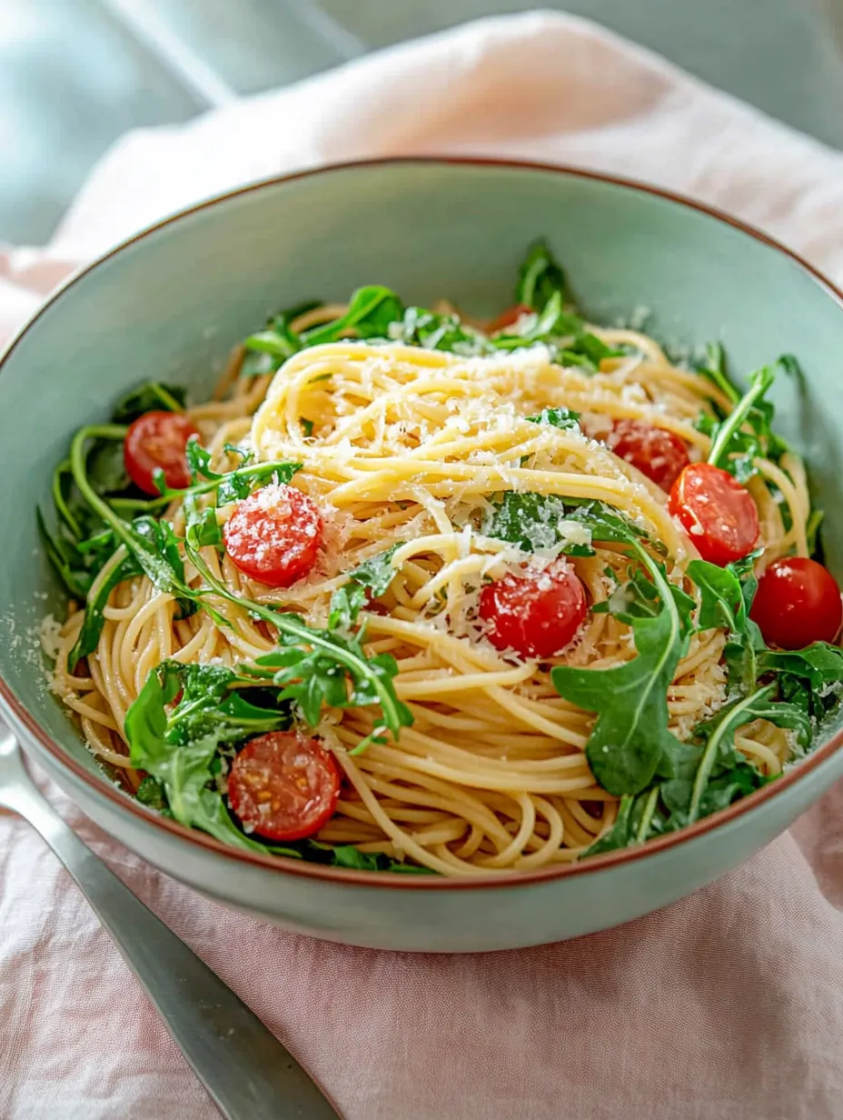 Ein Bogen Rucola Pasta in einem Bogen.
