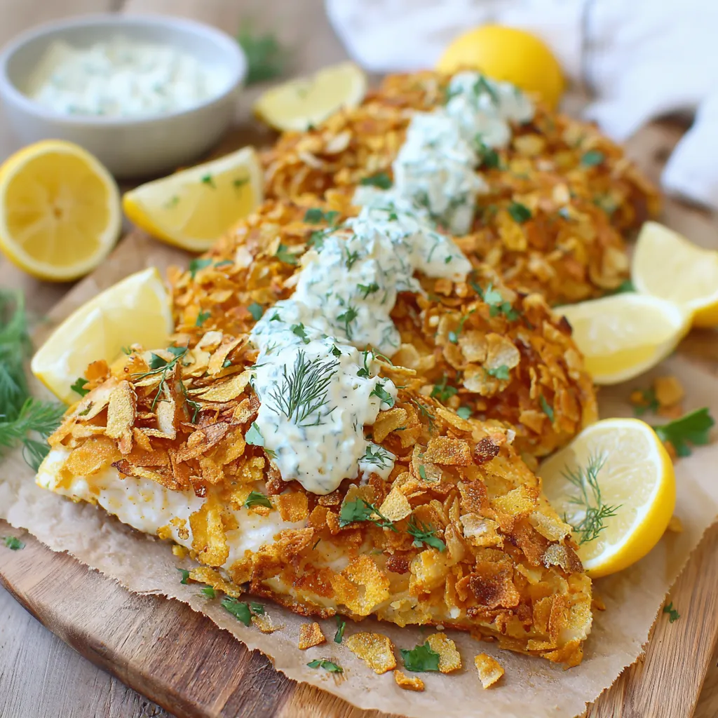 Ein Fischstück mit Pommes frites und Tzatziki-Dressing auf einem Holzbrett.