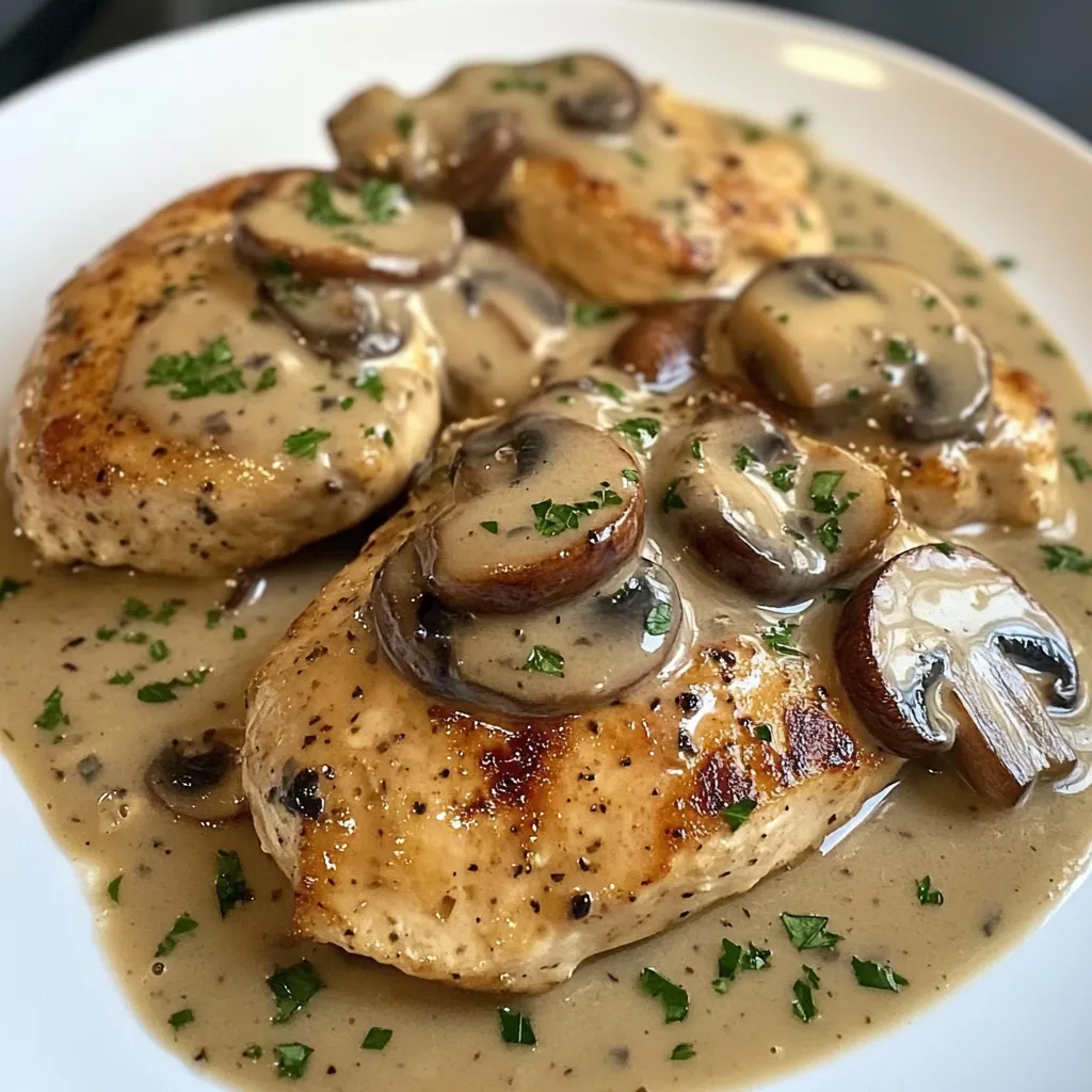 Eine Platte mit Chicken, die mit Mushrooms und Sauce garniert ist.