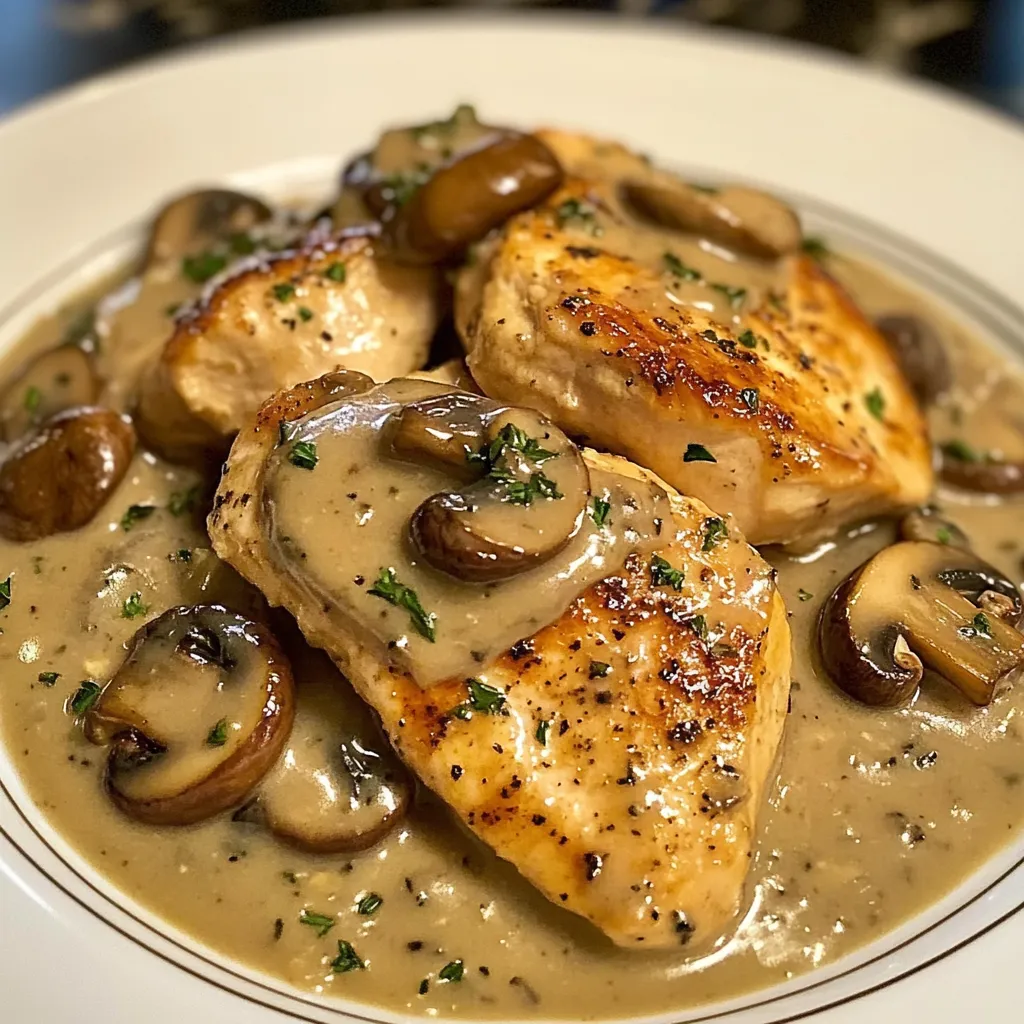 Ein Plate mit Chicken und Mushrooms, die in einer Sauce serviert werden.