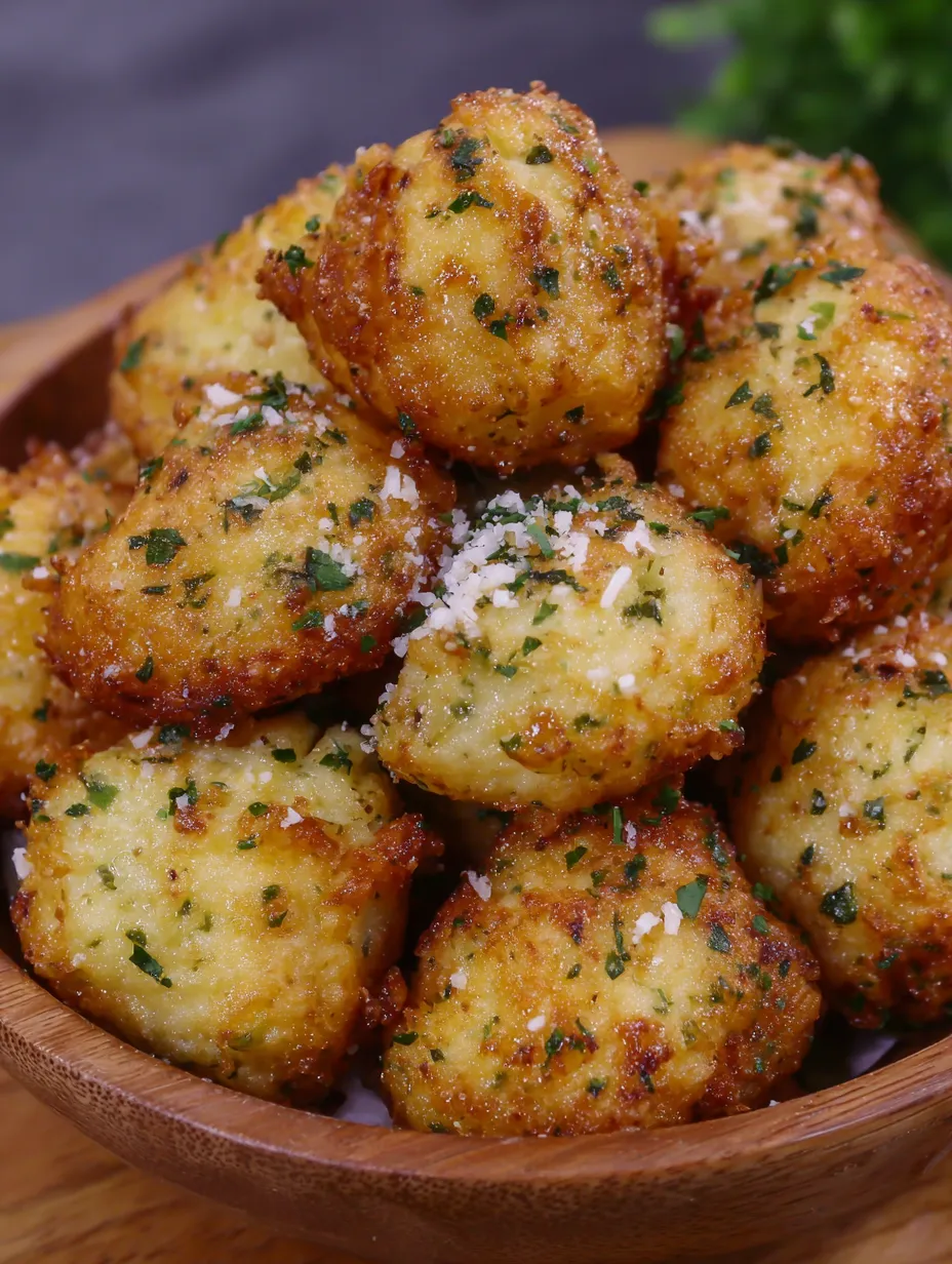 Ein Holzgefäß mit frisch zubereiteten Kartoffeln, die mit Parmesan und Kräutern garniert sind.