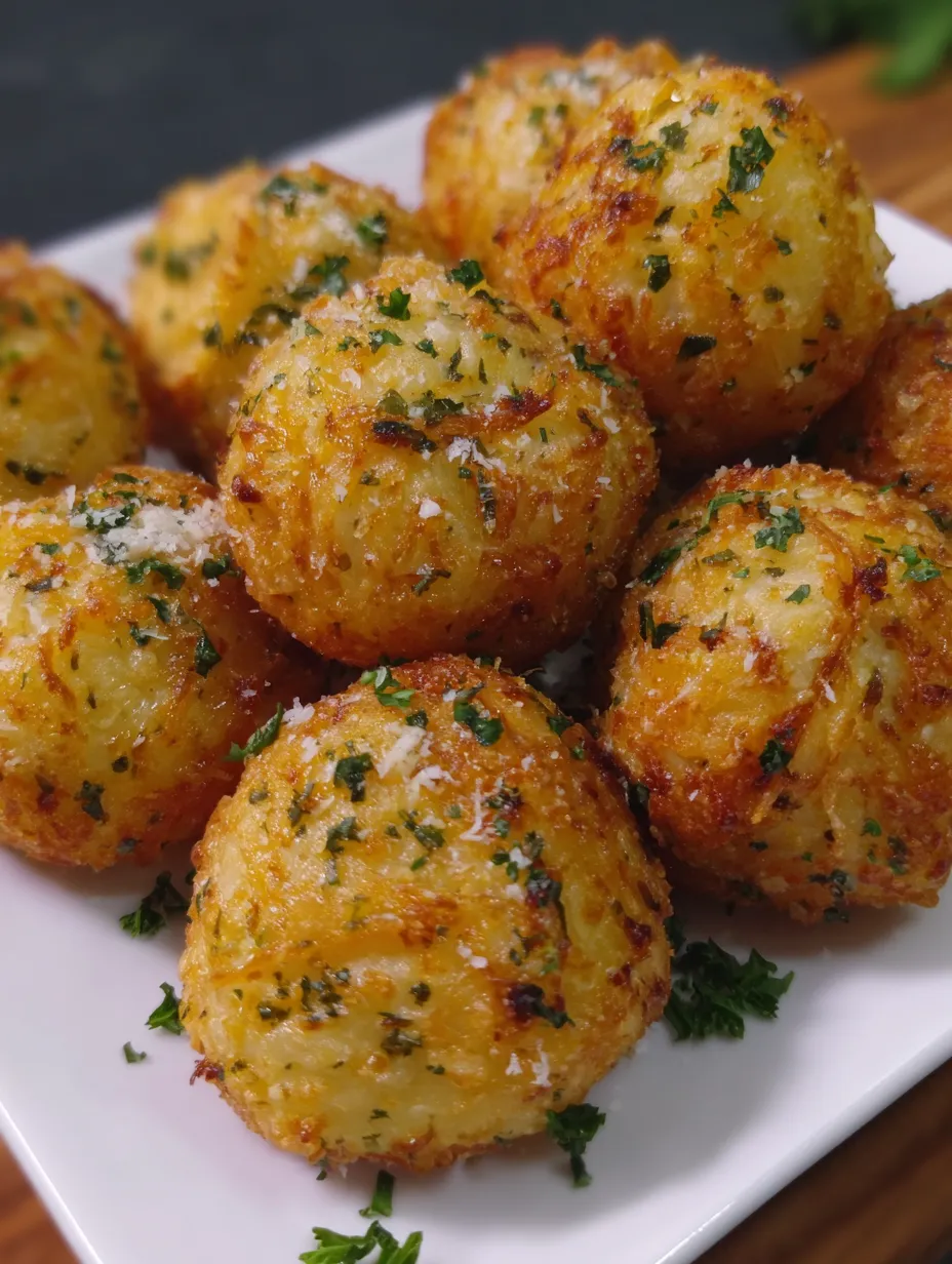 Eine Platte mit frisch zubereiteten Kartoffeln, die mit Parmesan und Kräutern zubereitet sind.