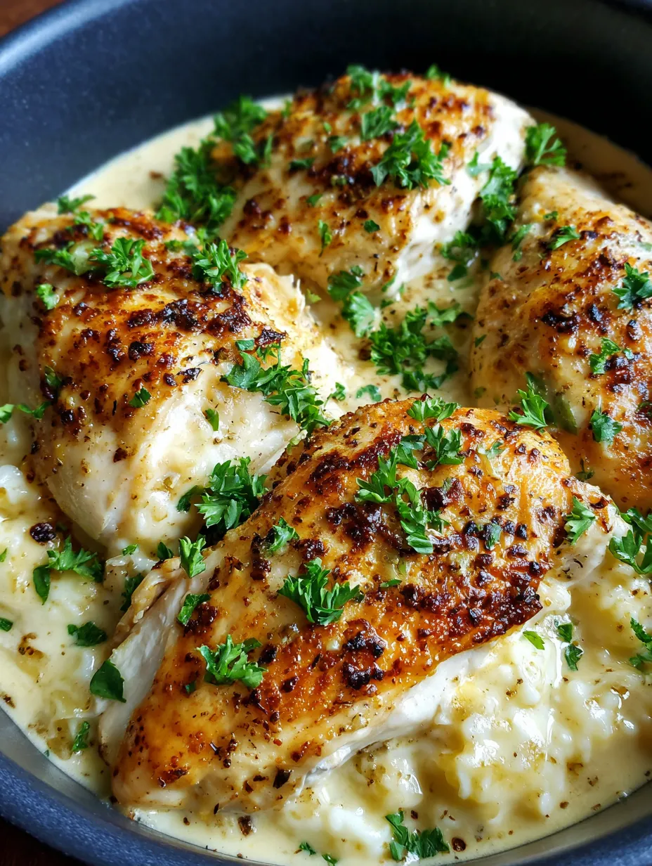 Eine Schüssel mit Chicken, die in einer Sauce mit Zwiebeln und Knoblauch serviert wird.