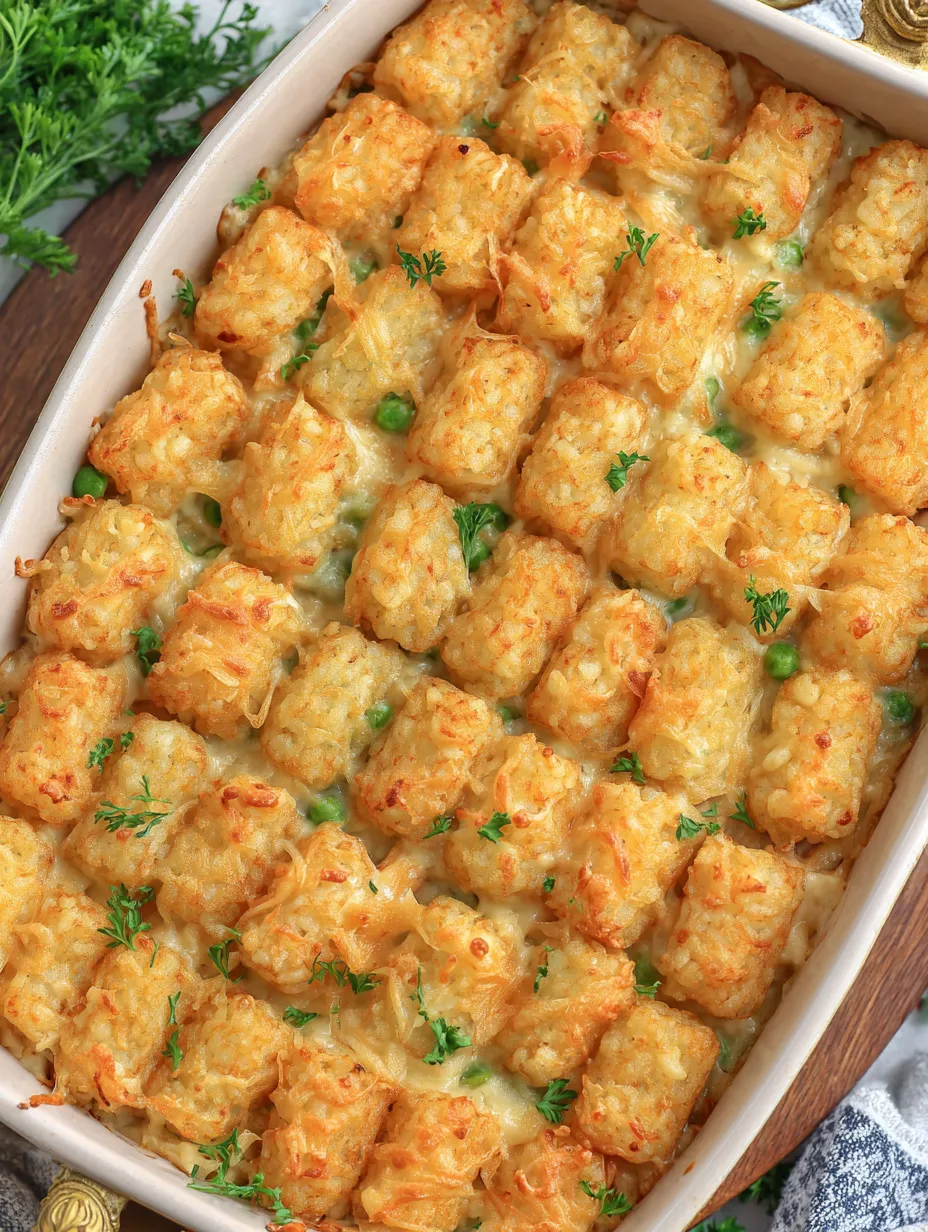 Ein Tray mit Tater Tot Hotdogs, die in einer cremigen Sauce serviert werden.