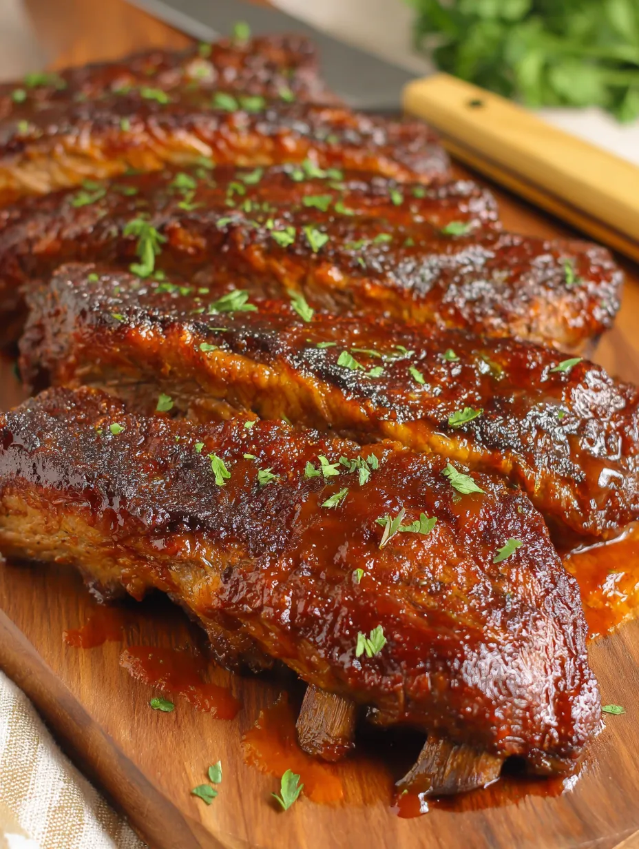 Zwei Stücke von BBQ Ribs auf einem Brett.