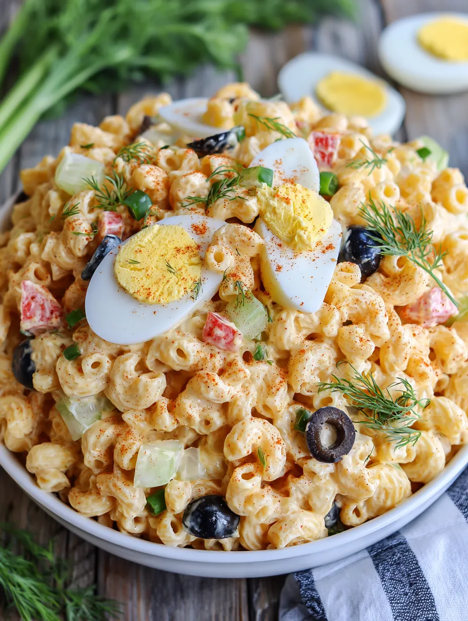 Ein weißer Teller mit einer Mischung aus Macaroni, Eiern, Zwiebeln und Oliven.