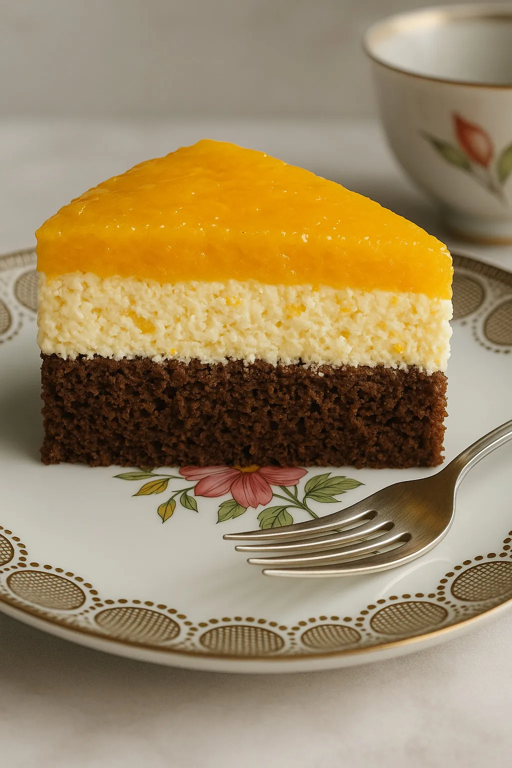 Eine Schokoladencake mit einer Schicht Vanillecreme auf einem weißen Teller.