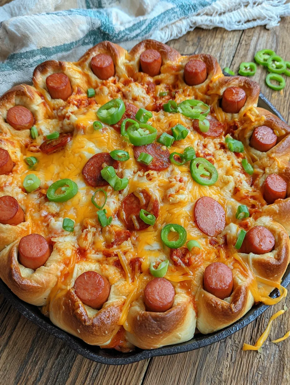 Eine Pizza mit Hotdogs und Pepinis auf einem Teller.