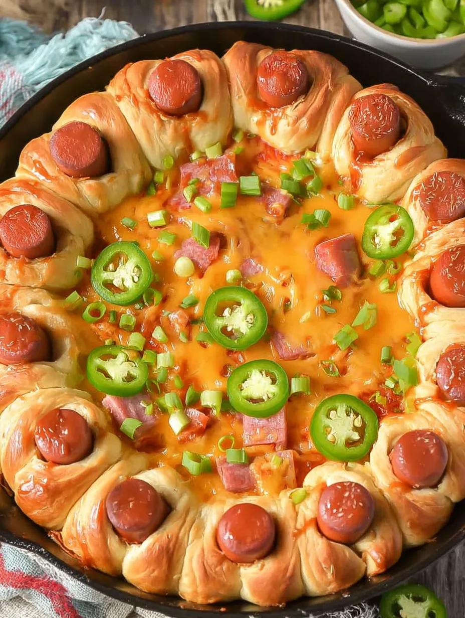 Eine große, ausgießende Hotdog-Pizza mit vielen Zwiebeln und Ketchup.