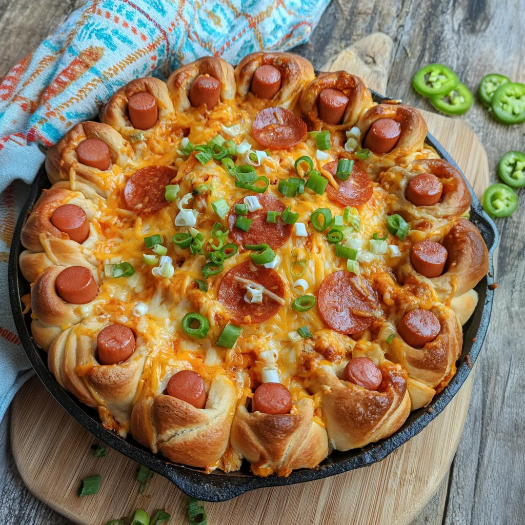 Ein großes, frittiertes Pizza-Gericht mit vielen Zwiebeln und Pepperoni-Zwischenmischung.