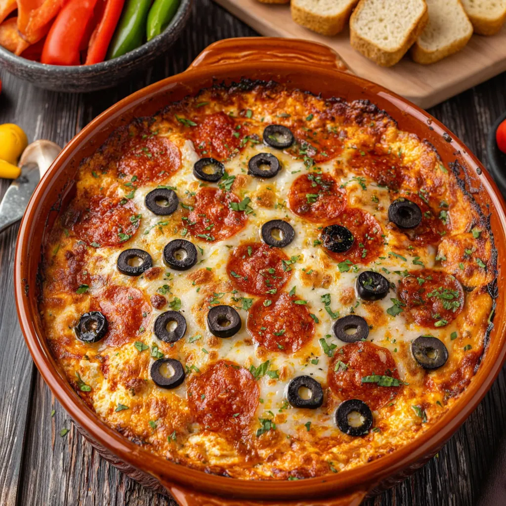 Ein großes, frittiertes Pizza-Gericht mit Oliven, Tomaten, Basilikum und Peperoni.