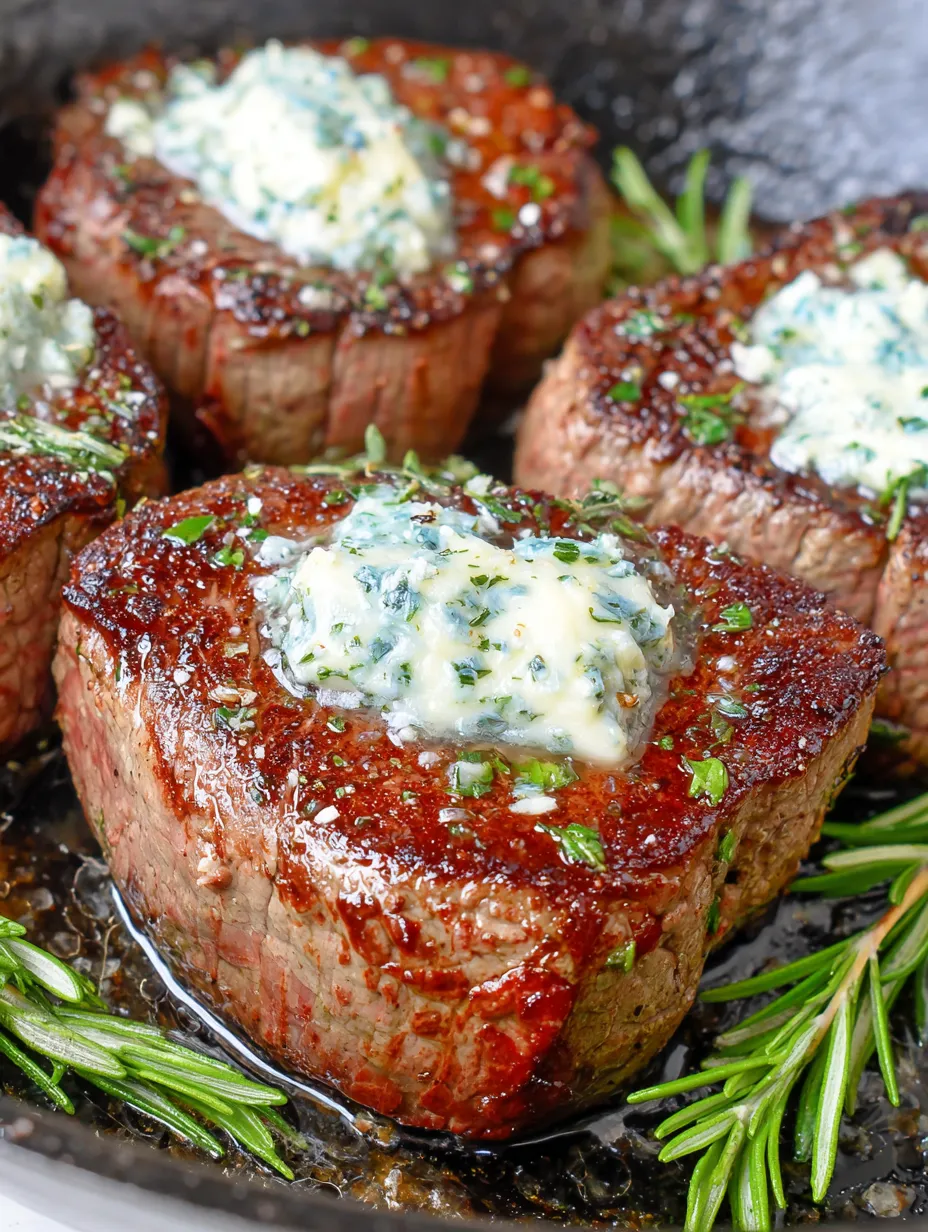 Eine Gruppe von Steaks mit Butter und Kr&auml;utern darauf.