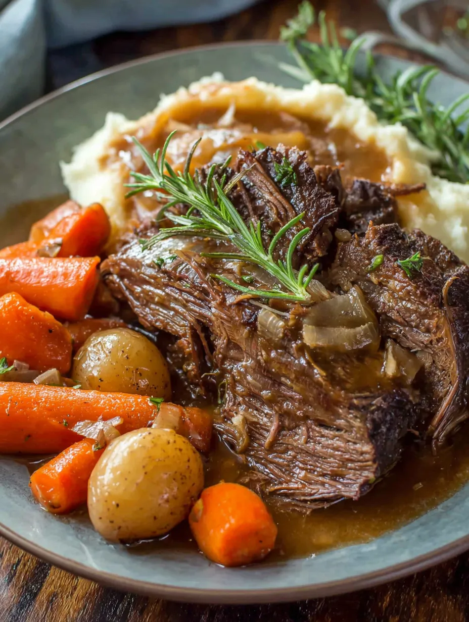 Ein Plate mit Rindfleisch, Kartoffeln, Karotten und Zwiebeln.