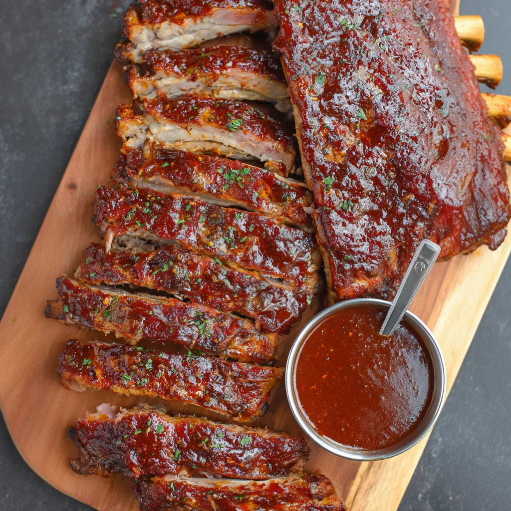 Eine Tafel mit BBQ-Ham, die in einem Glas mit Sauce gegeben wird.
