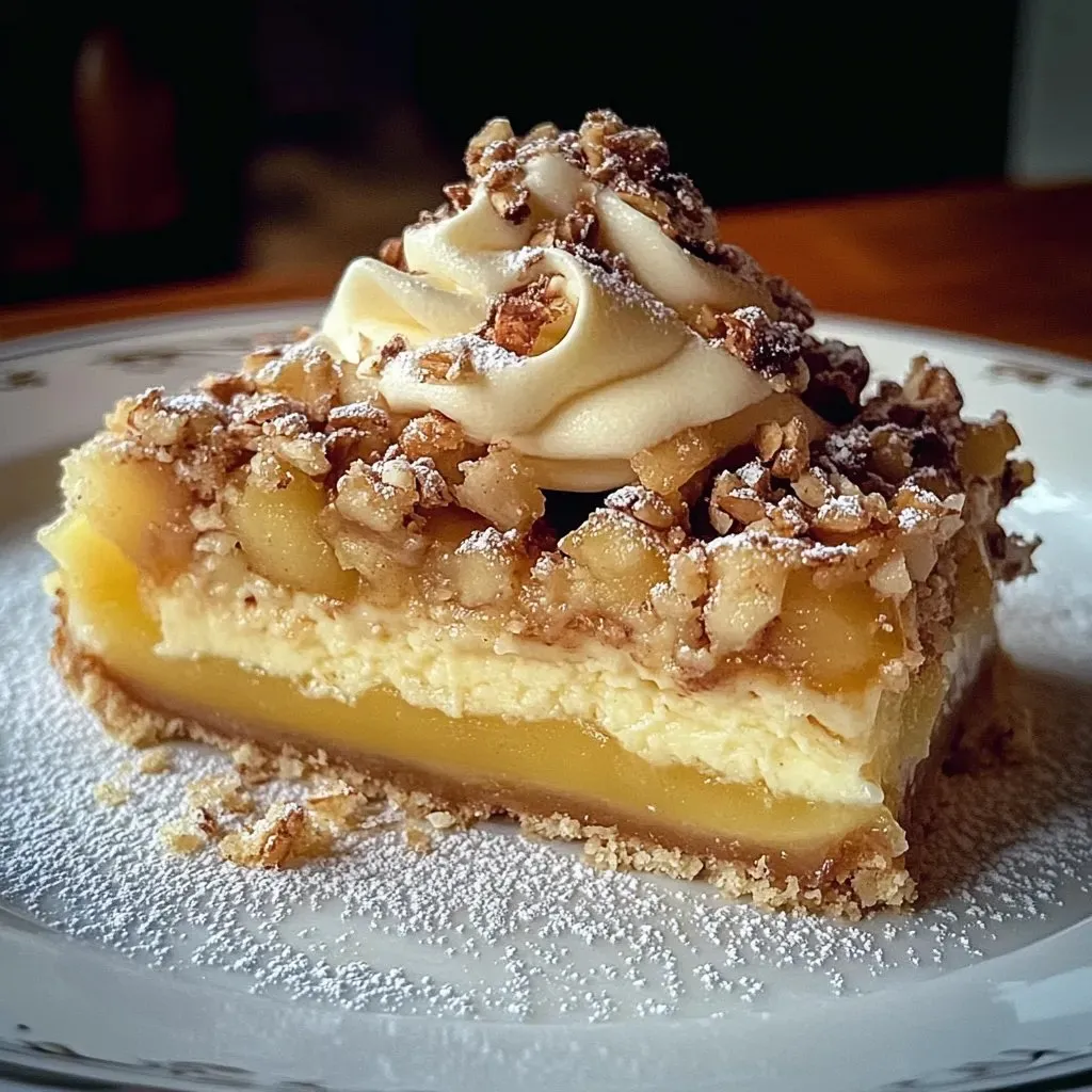 Ein Stück Kuchen mit Walnuss-Topping auf einem weißen Teller.