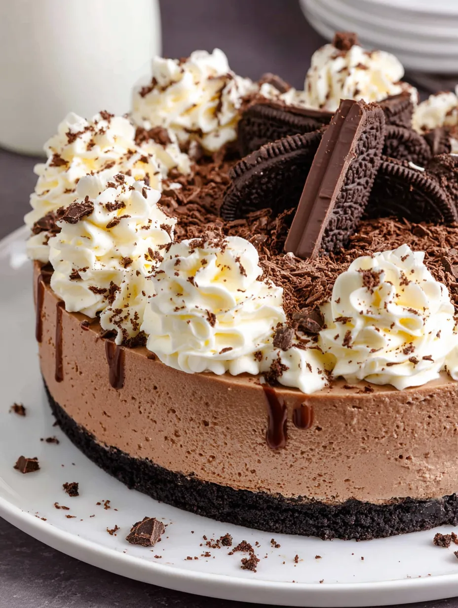 Eine Schokoladenkuche mit Schokoladenglasur, Oreo-Kreuzküchen und Vanille-Creme.