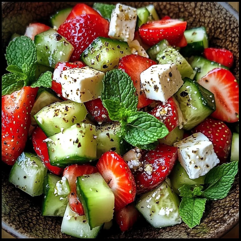 Ein großer, voller Salat aus frischem Gemüse, darunter Strawberries, Zucchini, Kokosnuss und Mint.