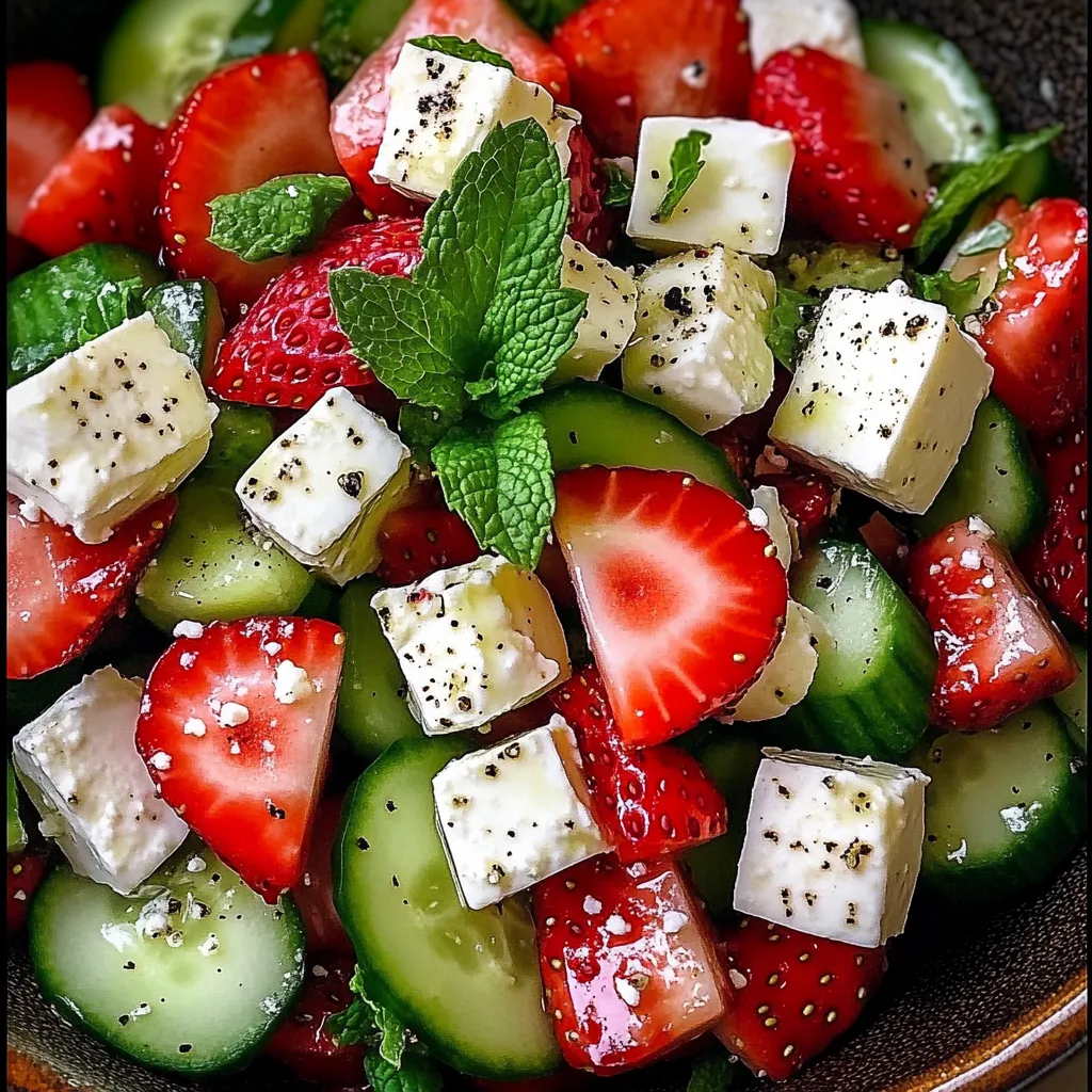 Ein großer, schön gehaltener Salat aus frischem Gemüse, darunter Strawbergen, Zucchini, Kokosnuss und Mint.