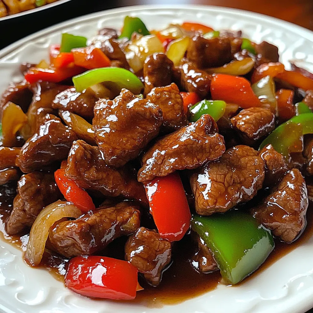 Eine Platte mit einer Mischung aus Fleisch und Gemüse, darunter Paprika, Zwiebeln und Chilischoten.
