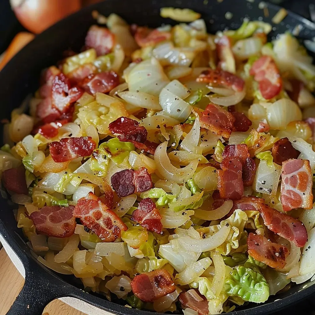 Ein schwarzes, leeres Wok mit einer Mischung aus Zwiebeln, Onions, Bacon und anderen Zutaten.