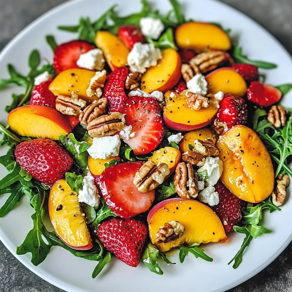 Eine Platte mit frischem Obst, darunter Strawberries, Walnuts, Pecans, Peaches, und eine Mischung aus Käse und Mayonnaise.