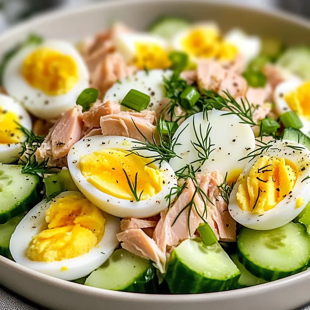 Ein weißer Teller mit Eiern, Salat und Fisch.
