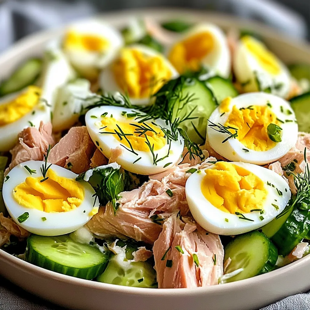 Ein weißer Teller mit einer Mischung aus Eiern, Zwiebeln, Salat und gekochtem Hühnchen.