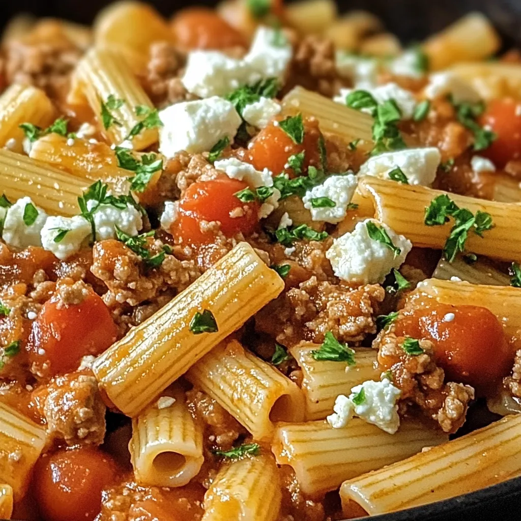 Eine Schüssel mit Penne-Nudeln und Rindfleisch-Sauce.