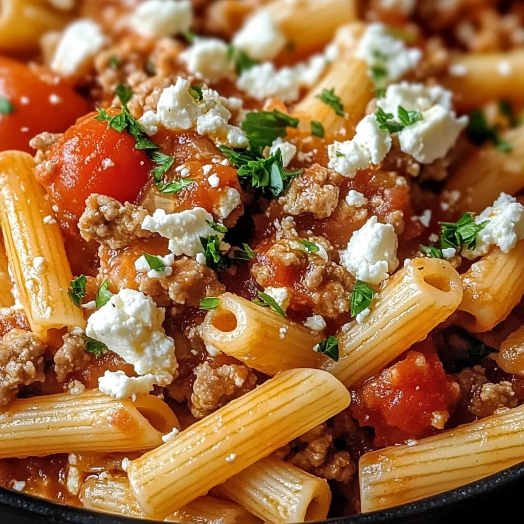 Ein Bild von Penne mit Tomaten, Zwiebeln und Käse.