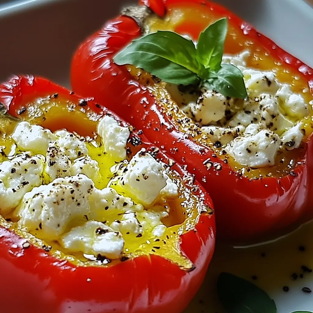 Zwei rote Tomaten mit grünen Blättern darauf, die mit Feta-Käse und Kräutern garniert sind.