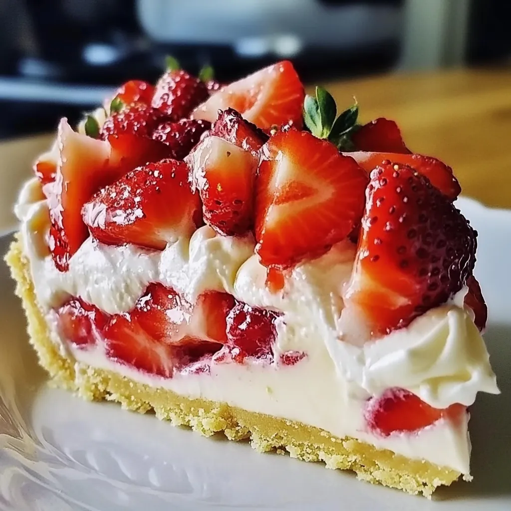Eine Strawberry-Kuchen-Schicht mit Strawberries und Vanille-Creme auf einem weißen Teller.