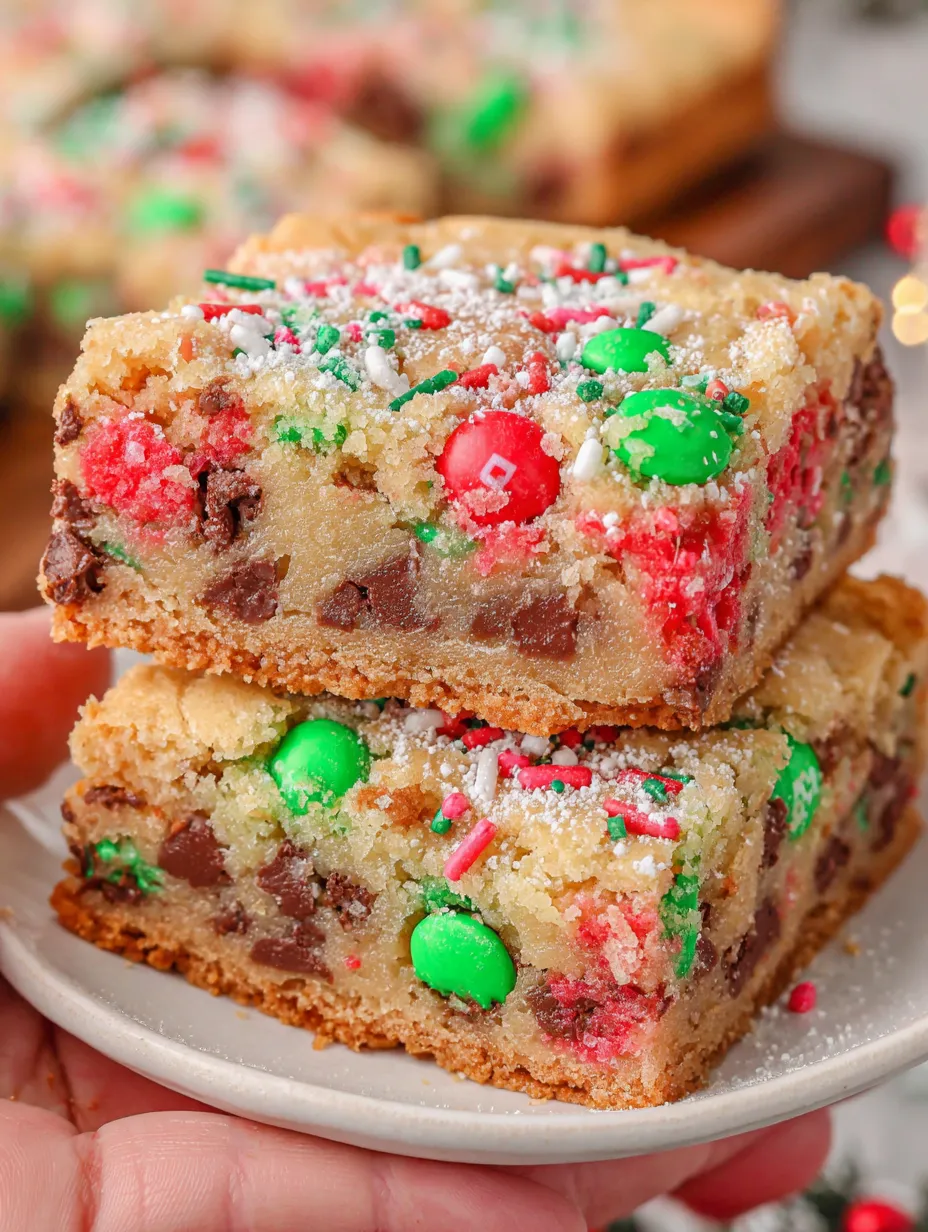 Eine Platte mit zwei Stücken von Candy-Kuchen, die mit M&M's und Baumwollenzucker bestreut sind.