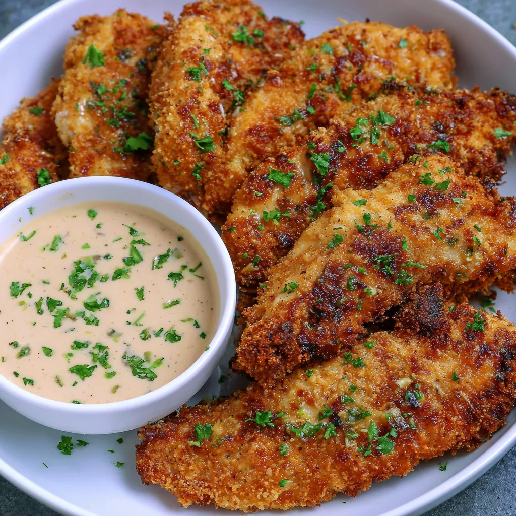 Ein weißer Teller mit einer Sauce und frittierten Chicken-Streifen.