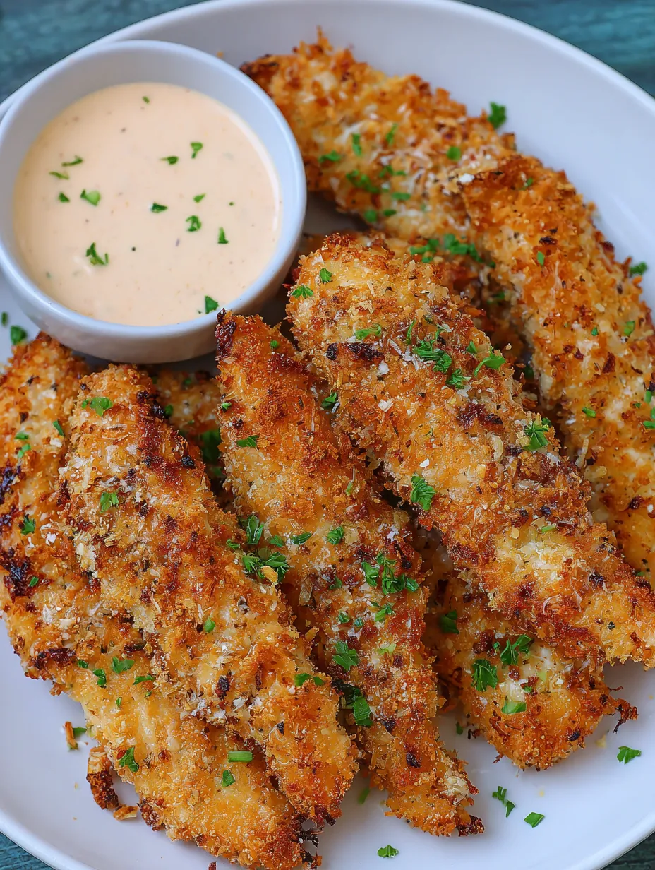 Ein weißer Teller mit frisch zubereiteten, frittierten oder gebackenen, mit Sauce und Kräutern garnierten Fischsticks.