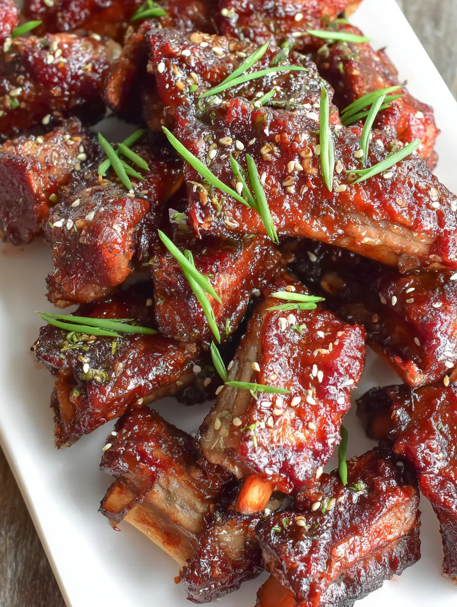 Eine Platte mit BBQ Ribs, die mit Parsley und Sesam garniert sind.