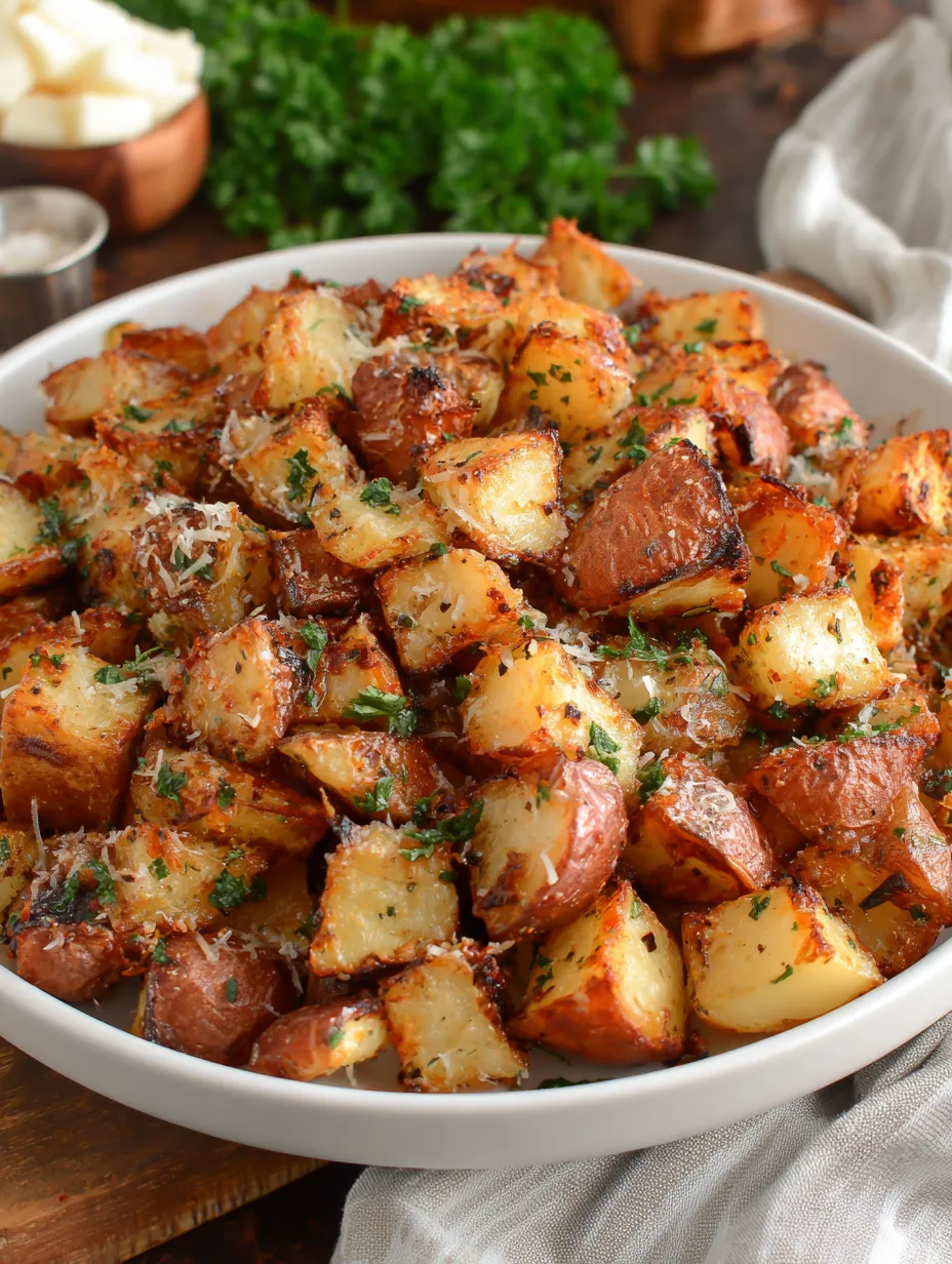Ein weißer Teller mit frisch zubereiteten Kartoffeln, die mit Parmesan und Kräutern garniert sind.