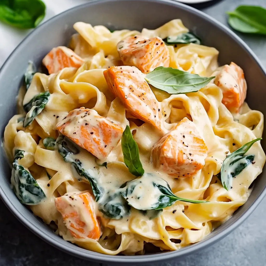 Ein Schüssel mit Pasta, Zwiebeln und gekochtem Fisch.