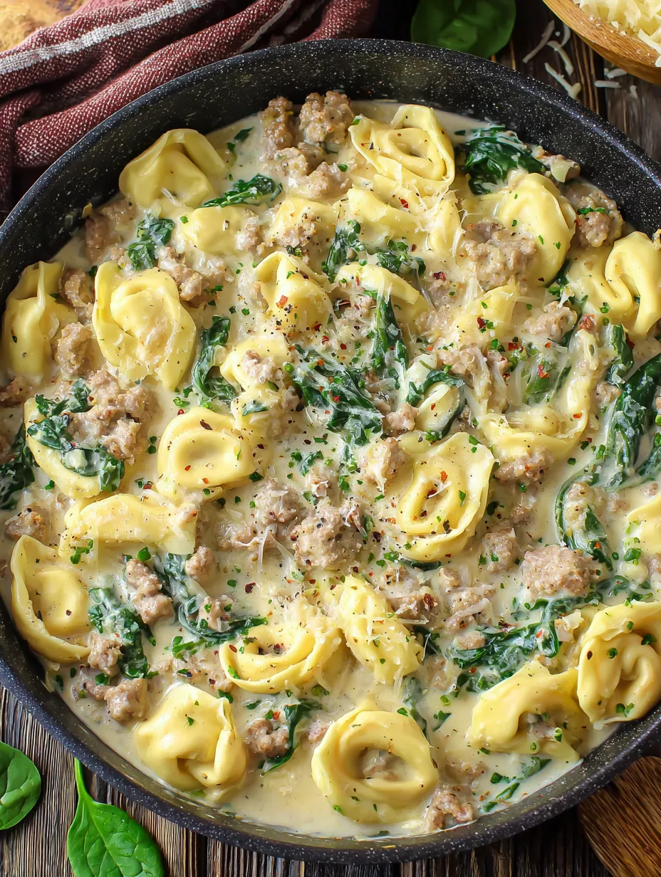 Ein Schmelztopf mit Pasta, Meatballs und Spinat.