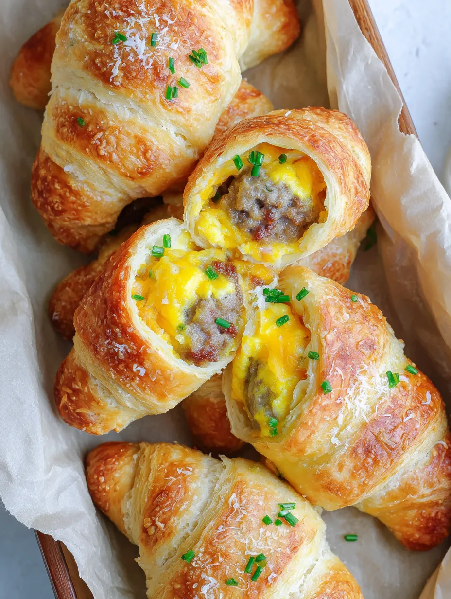Ein weißer Teller mit sechs Croissants, die mit Eiern und Zwiebeln gefüllt sind.