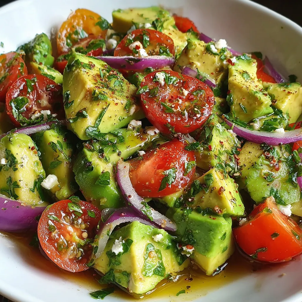 Ein weißer Teller mit frischem Avocadosalat, der mit Limetten und Tomaten zubereitet wurde.