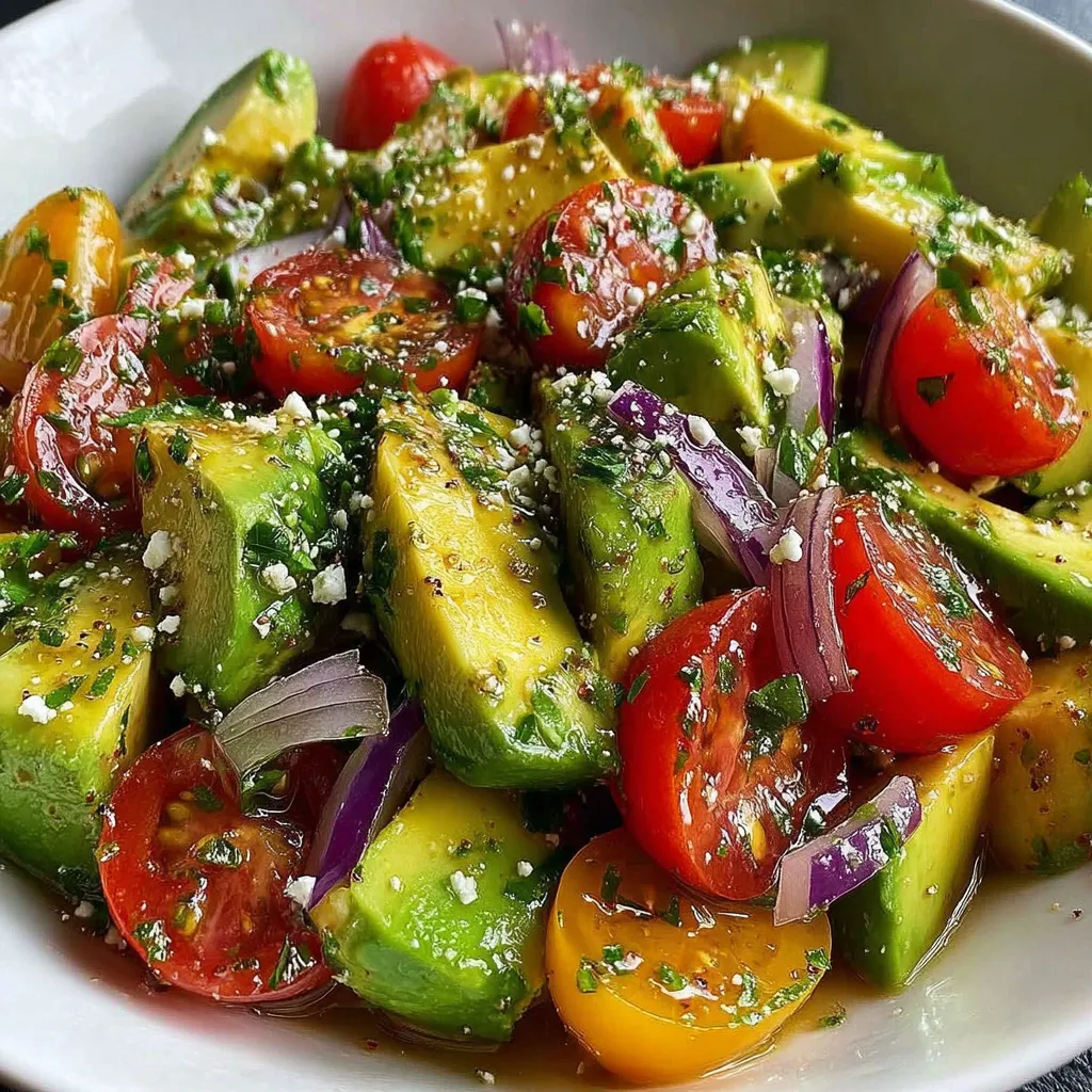 Ein weißer Teller mit frischem Avocadosalat, der mit Limetten und Tomaten zubereitet wurde.