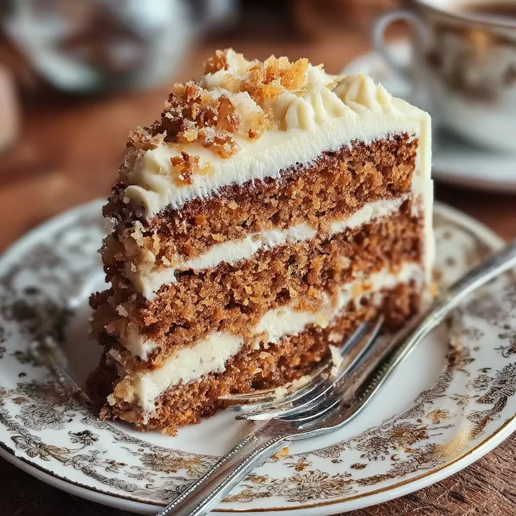Ein Stück Kuchen auf einem Plate, der mit einer Gabel und einer Tasse auf dem Tisch liegt.