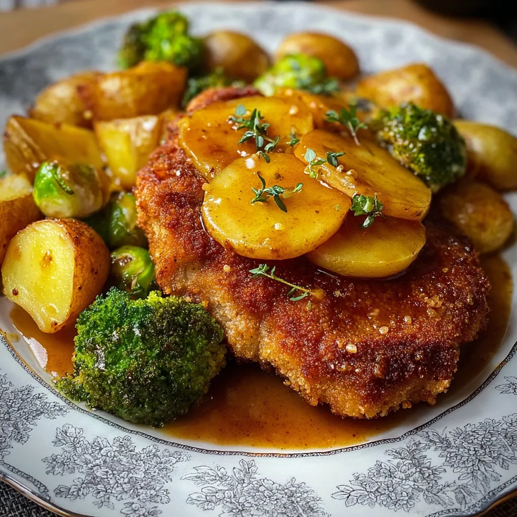 Ein Plate mit gegrilltem Fleisch, Broccoli, Kartoffeln und Zwiebeln.