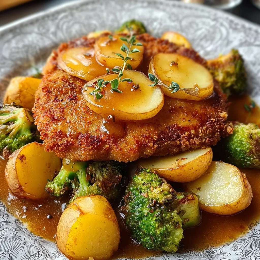 Ein Plate mit gegrilltem Fleisch, gegrillten Zwiebeln, Kartoffeln und Brokkoli.