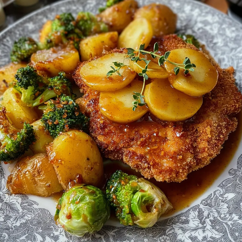 Ein Plate mit gegrilltem Fleisch, Kartoffeln, Broccoli und Zwiebeln.